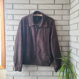 Vintage 90s 'Gary Player' chocolate brown suede zip-up bomber jacket men's L